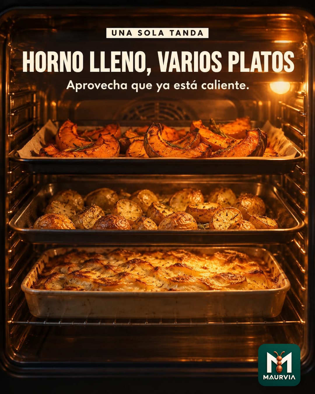 Cocina varios platos en una tanda de horno
